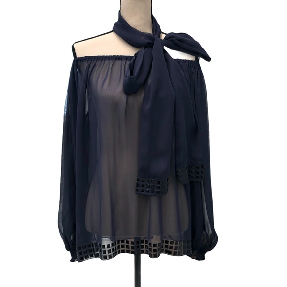 VIE TA VIE NAVY SALLY BLOUSE OFF-THE-SHOULDER SEMI SHEER TOP WITH SCARF/BELT - Picture 11 of 14